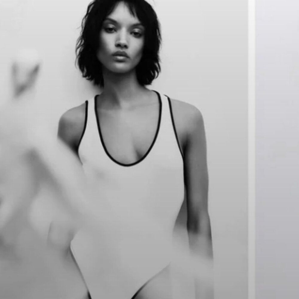 Zara White Asymmetric Bodysuit with Black Trim Detail - Size L